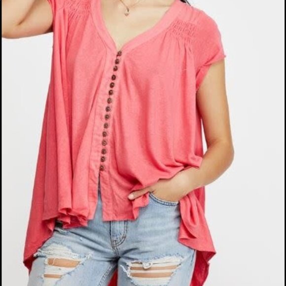 FREE PEOPLE Highland Vneck Linen Boho Oversize Festival Short Sleeve Top Trapeze - Picture 2 of 16